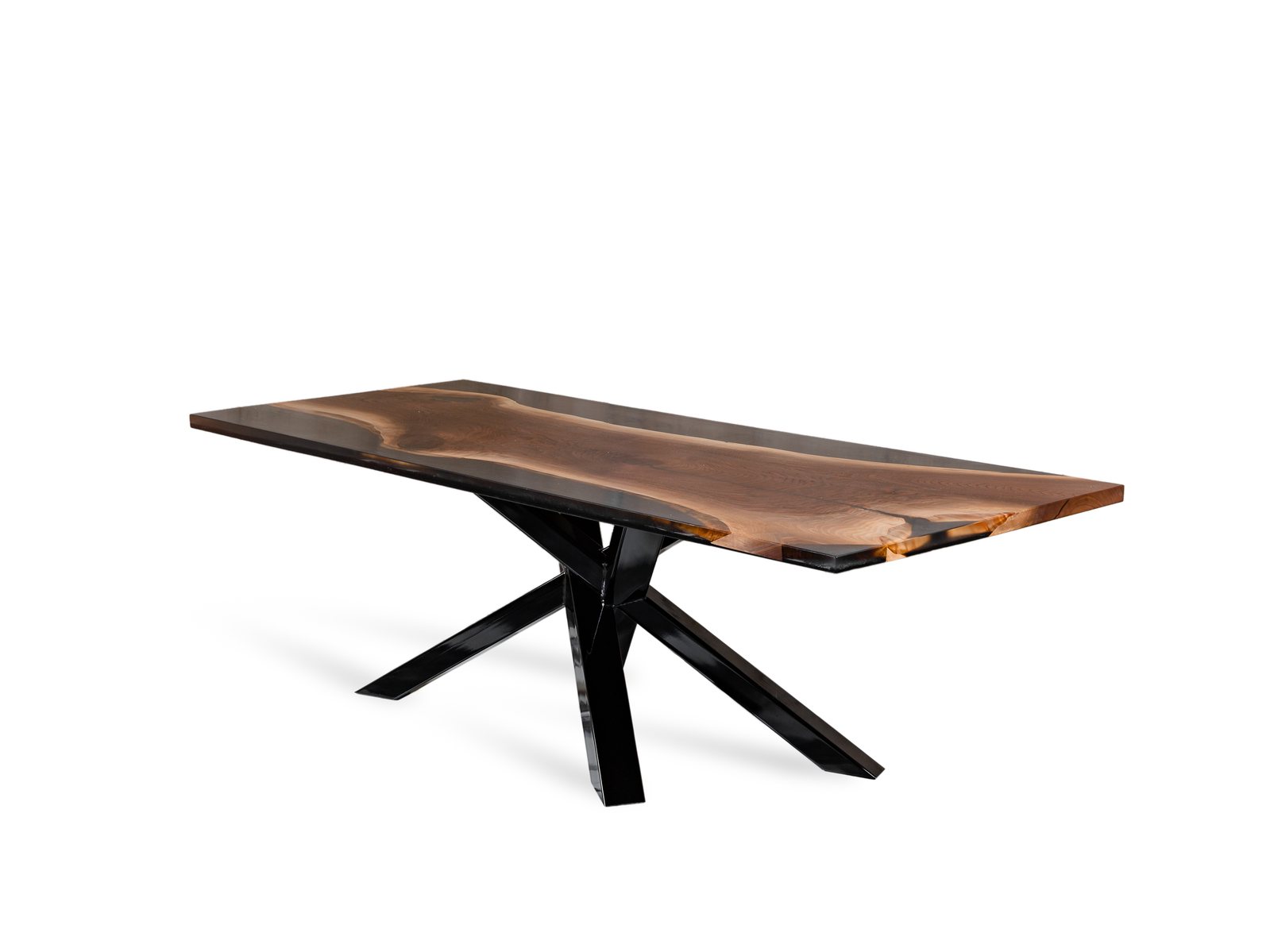 Table rivière en noyer et époxy sur fond blanc